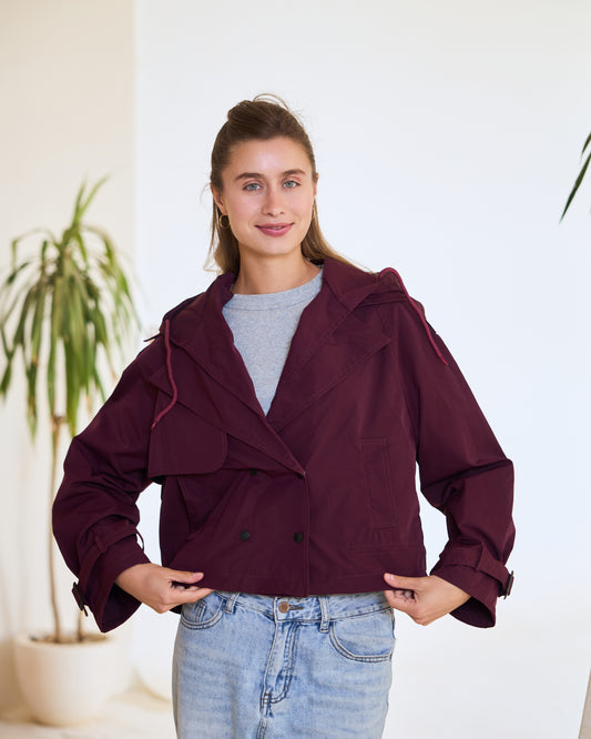 Double-Breasted Cropped Trench Jacket – Royal Plum.