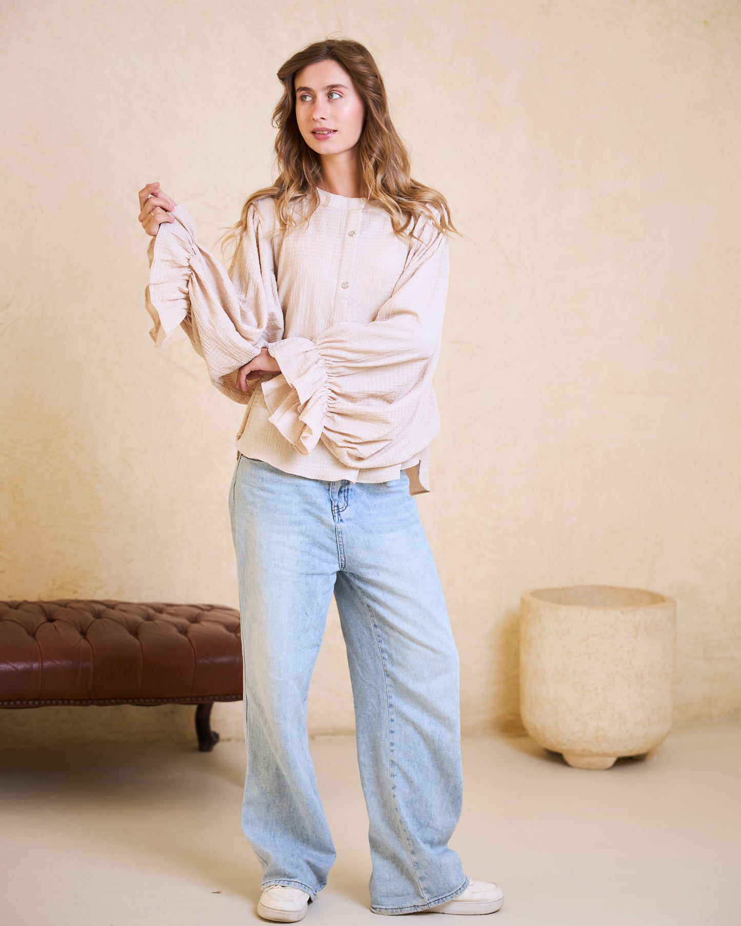 Creamy Beige Batwing Statement Blouse