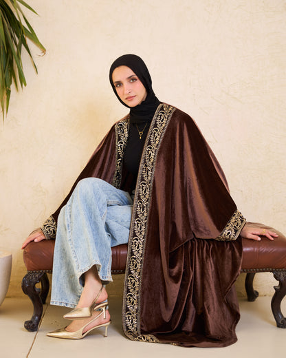 Mocha Heritage Gold-Embroidered Velvet Kaftan