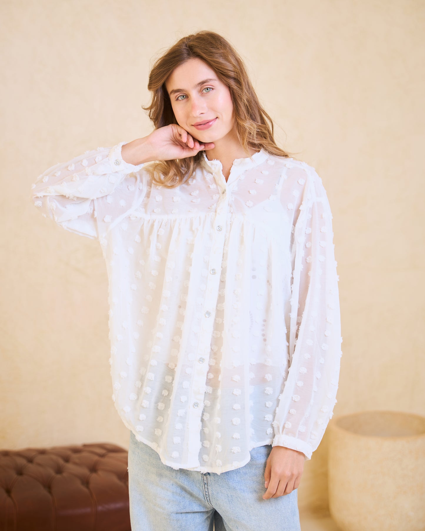 White Pom-Pom Chiffon Blouse