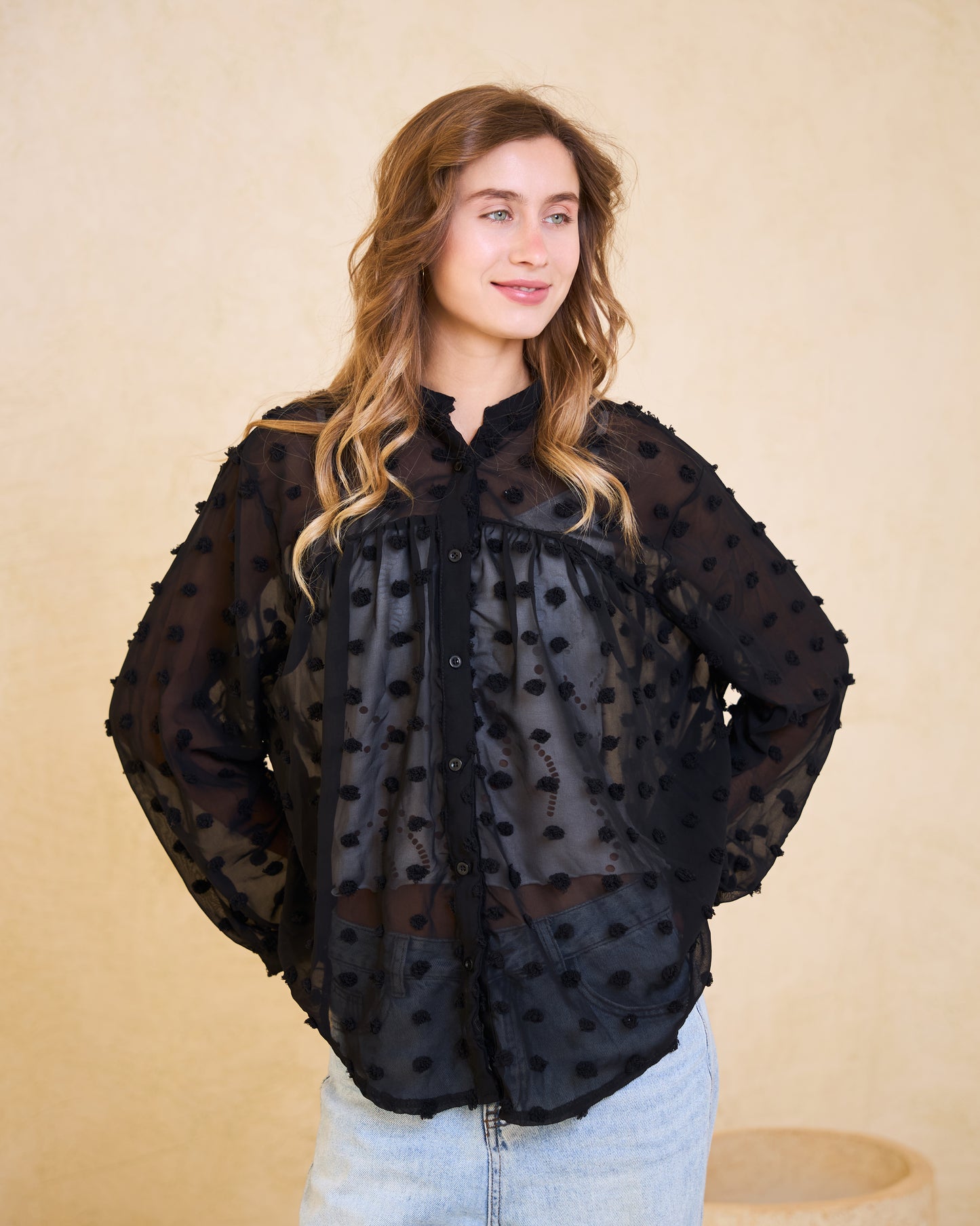 Black Pom-Pom Chiffon Blouse