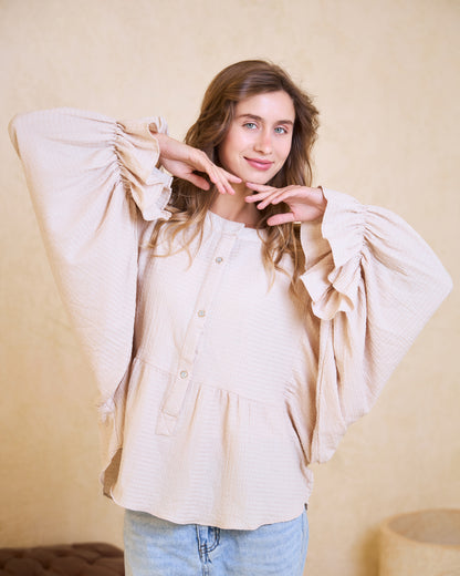 Creamy Beige Batwing Statement Blouse