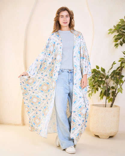 Azure Mosaic Satin Kimono – Sky Blue & Meadow Bloom