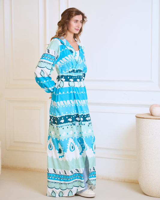 Coastal Geometric Wrap Dress – Turquoise & Mint