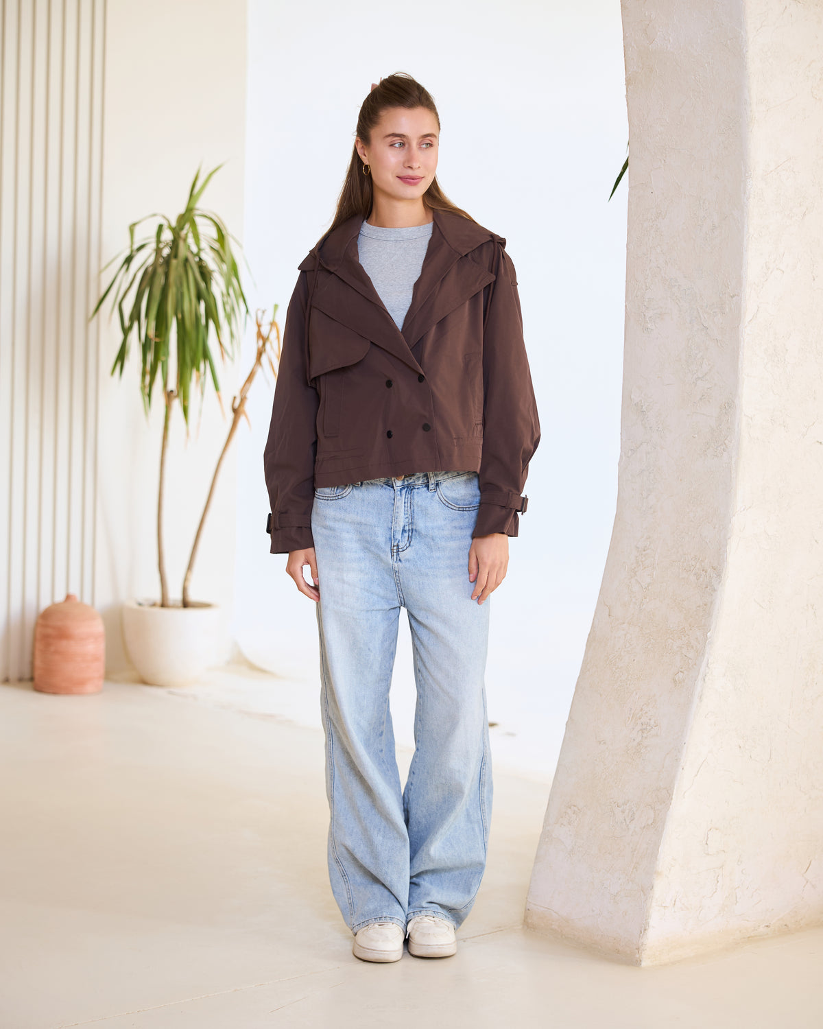 Hooded Cropped Trench Jacket – Dark Khaki.