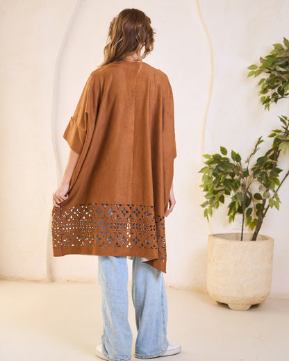 Laser-Cut Suede Kimono in Camel