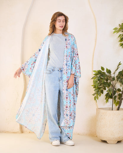 Azure Mosaic Satin Kimono – Sky Blue & Meadow Bloom
