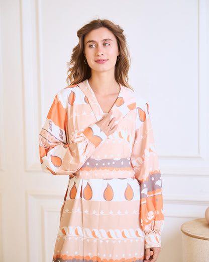Sunset Geometric Wrap Dress – Peach & Apricot
