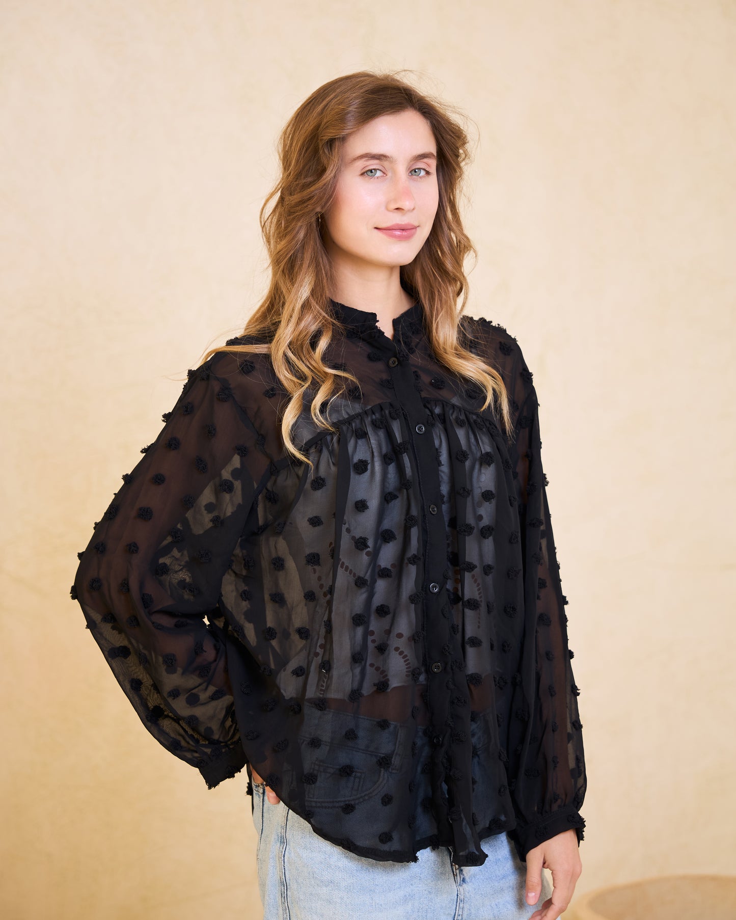 Black Pom-Pom Chiffon Blouse
