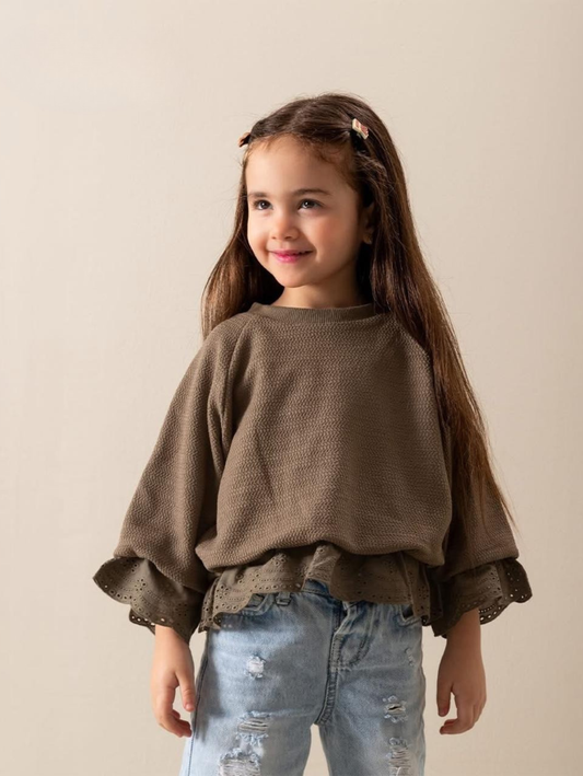 Ruffled Lace Blouse in Olive