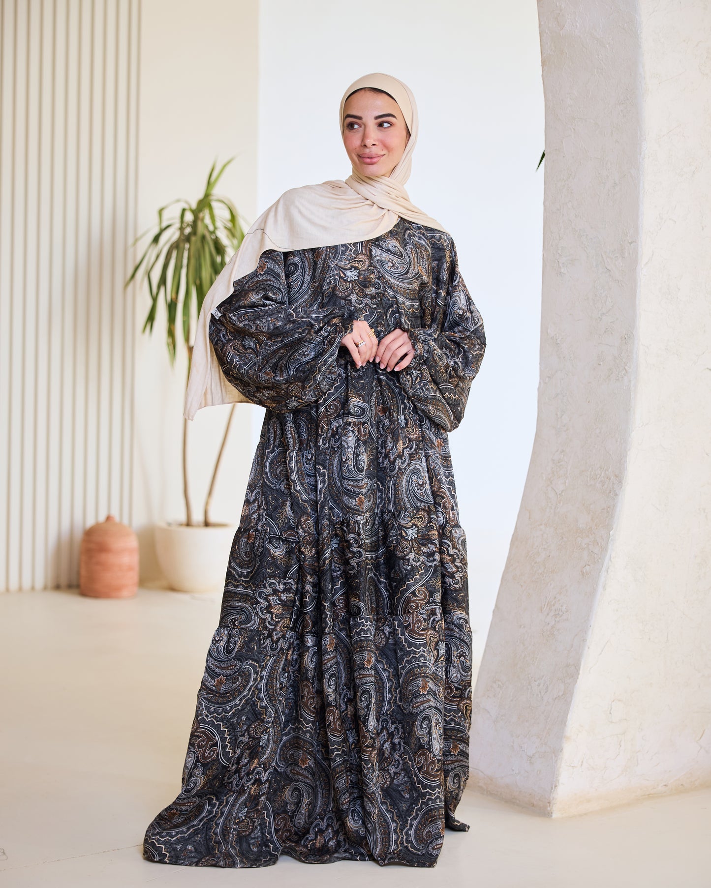 Bohemian Paisley Print Maxi Dress in Charcoal