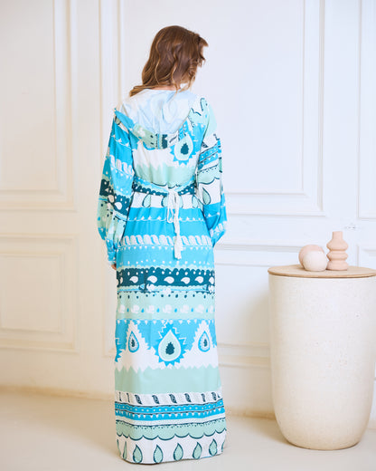 Coastal Geometric Wrap Dress – Turquoise & Mint