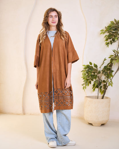 Laser-Cut Suede Kimono in Camel
