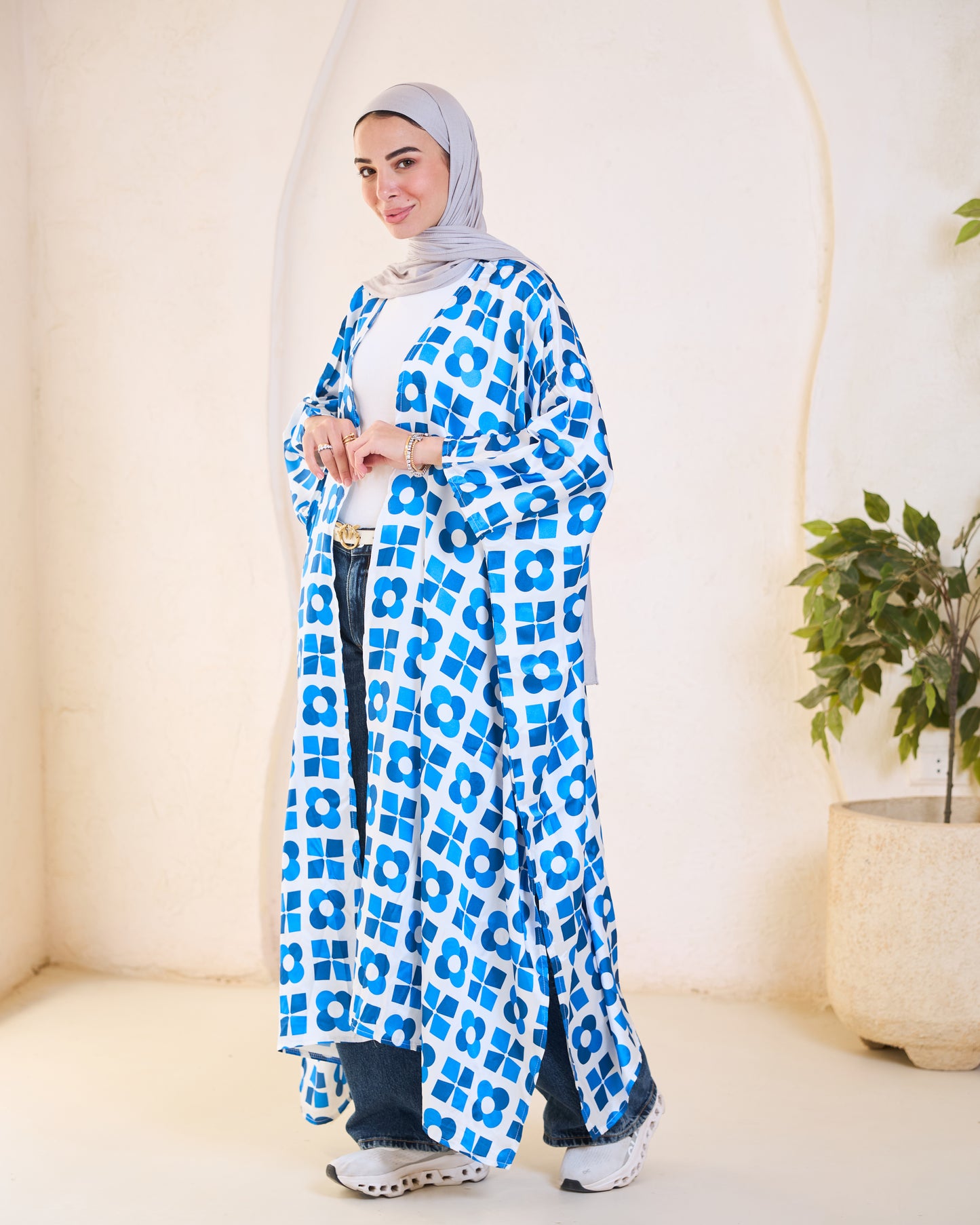 Azure Blue Geometric Floral Longline Kimono