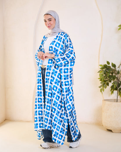 Azure Blue Geometric Floral Longline Kimono