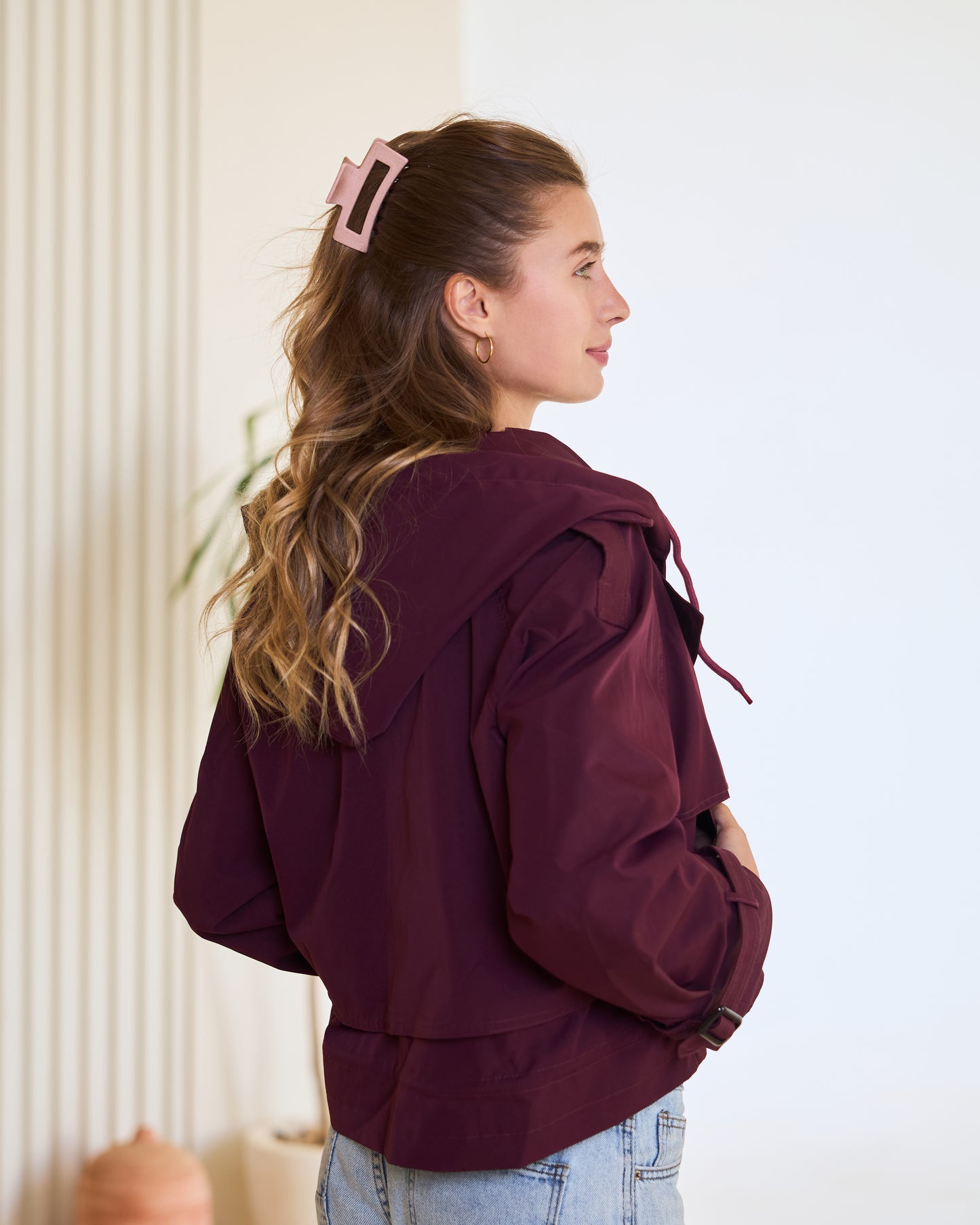 Double-Breasted Cropped Trench Jacket – Royal Plum.