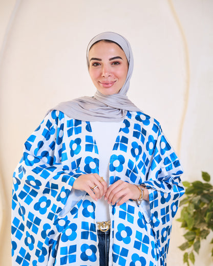Azure Blue Geometric Floral Longline Kimono