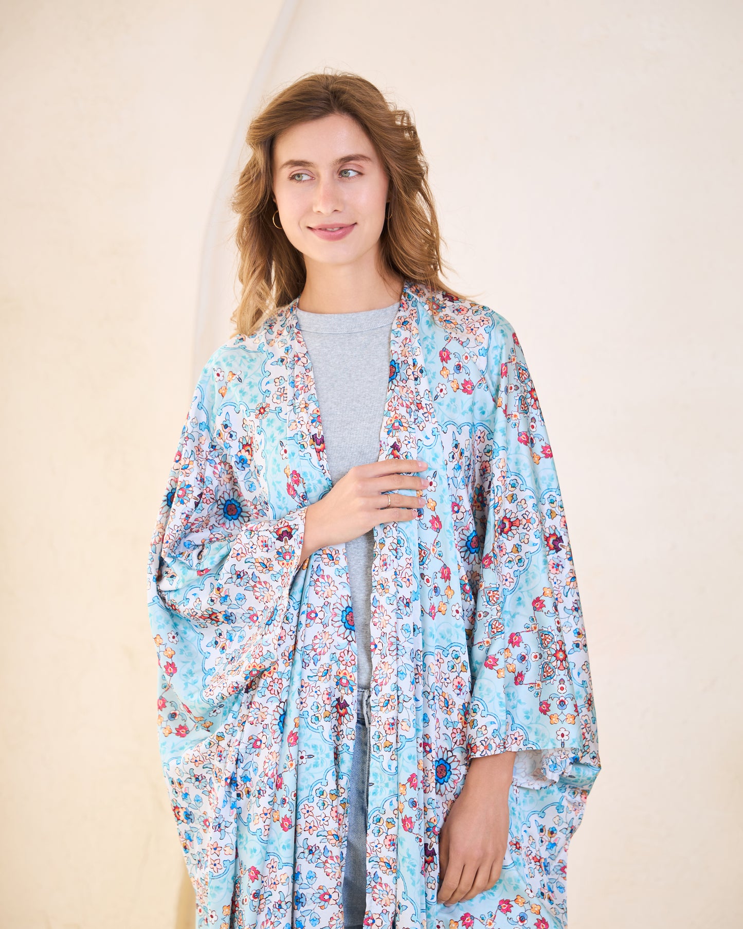 Azure Mosaic Satin Kimono – Sky Blue & Meadow Bloom