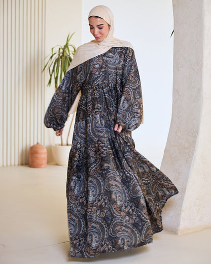 Bohemian Paisley Print Maxi Dress in Charcoal