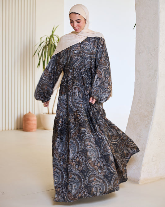 Bohemian Paisley Print Maxi Dress in Charcoal
