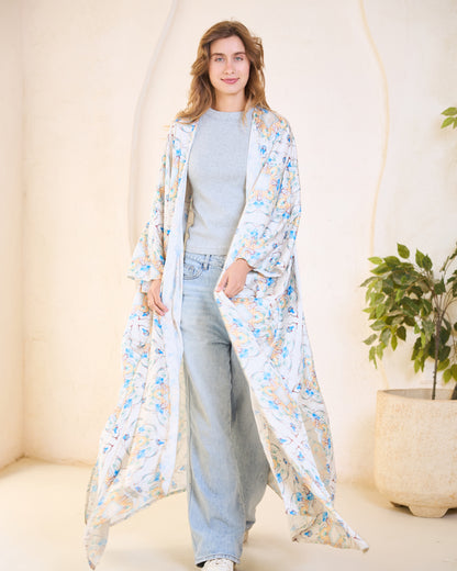 Azure Mosaic Satin Kimono – Sky Blue & Meadow Bloom