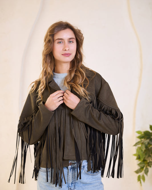 Olive Fringed Suede Cropped Jacket