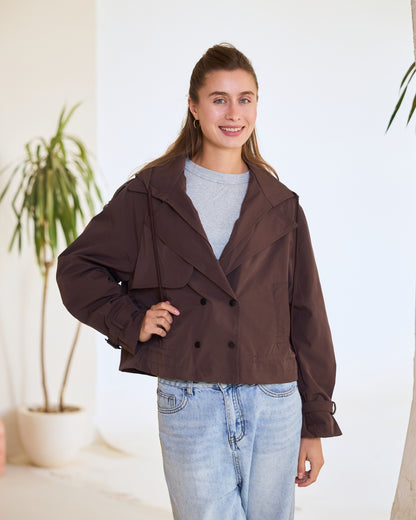 Hooded Cropped Trench Jacket – Dark Khaki.