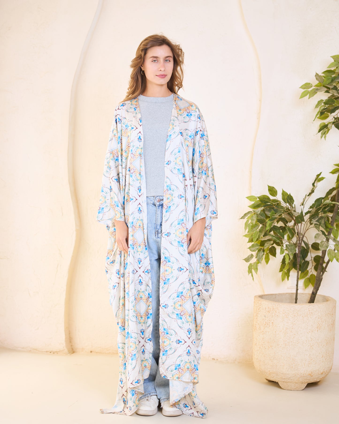 Azure Mosaic Satin Kimono – Sky Blue & Meadow Bloom