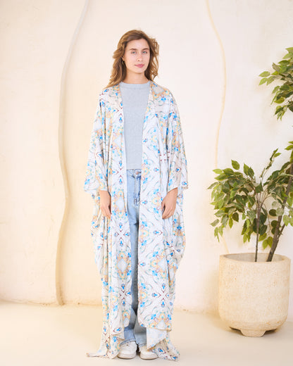 Azure Mosaic Satin Kimono – Sky Blue & Meadow Bloom