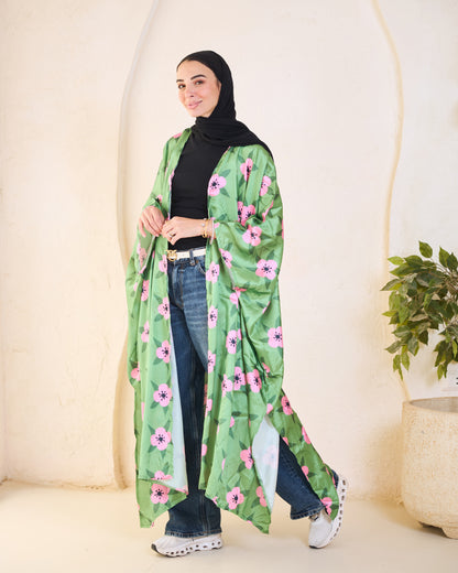 Botanical Bloom Satin Kimono – Sage & Peony
