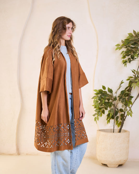 Laser-Cut Suede Kimono in Camel