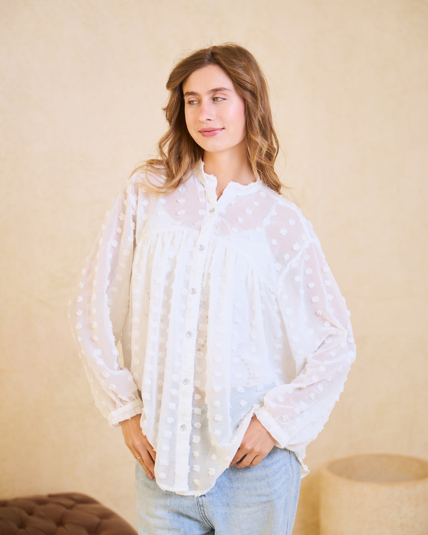 White Pom-Pom Chiffon Blouse