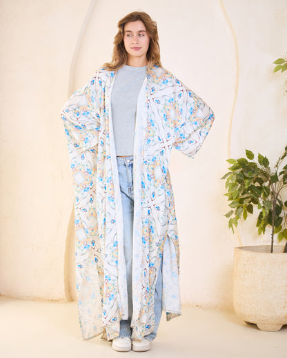 Azure Mosaic Satin Kimono – Sky Blue & Meadow Bloom