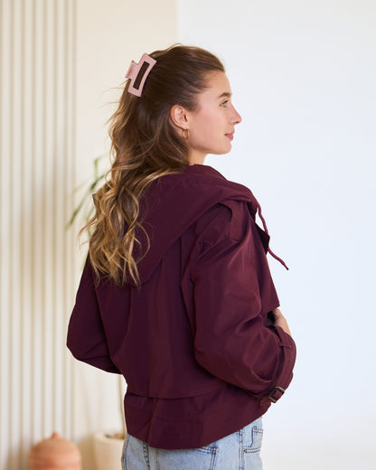 Double-Breasted Cropped Trench Jacket – Royal Plum.