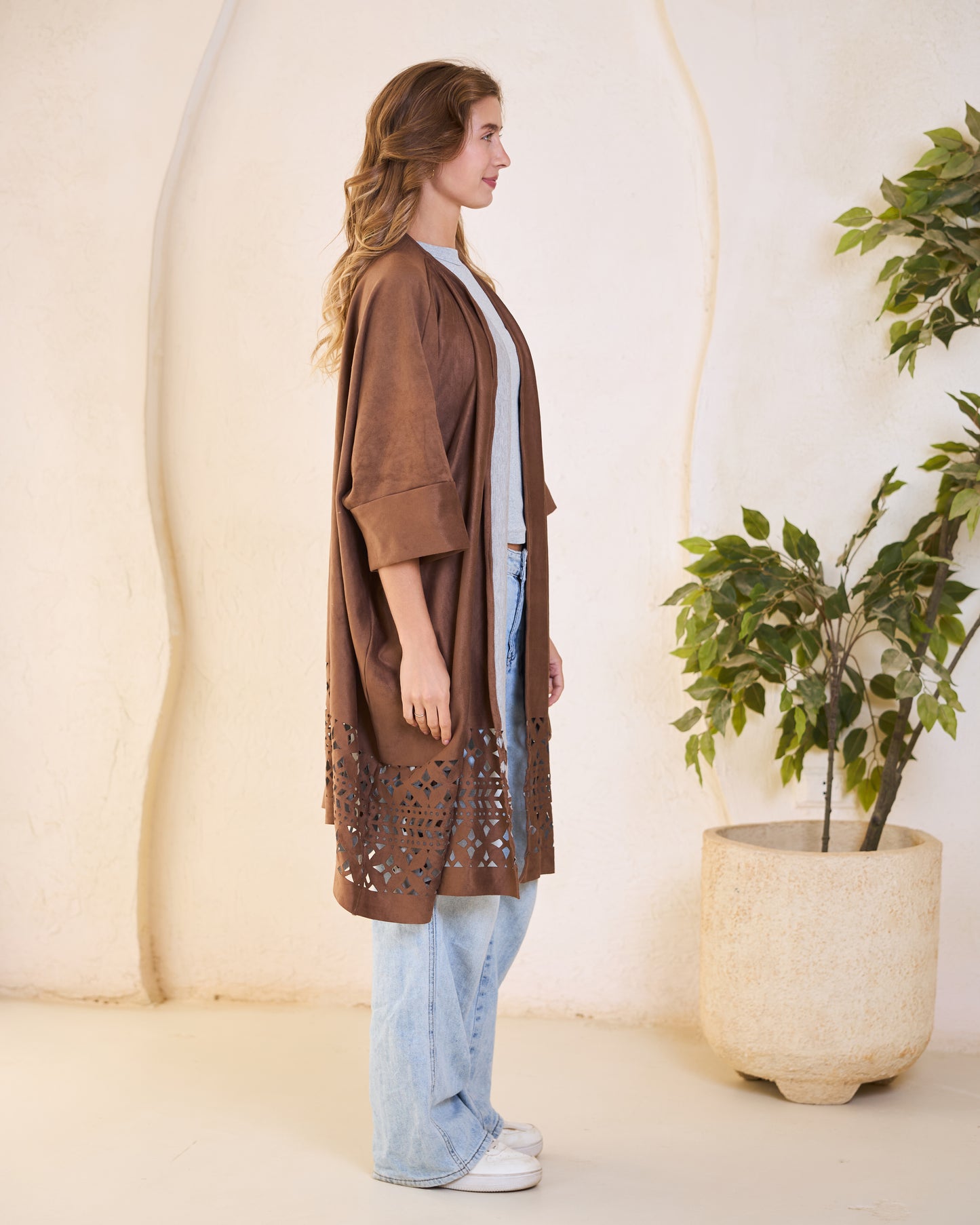 Laser-Cut Suede Kimono in Deep Brown