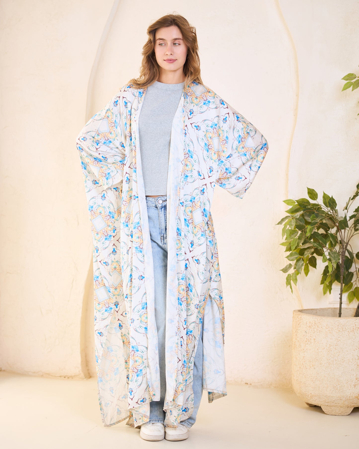 Azure Mosaic Satin Kimono – Sky Blue & Meadow Bloom