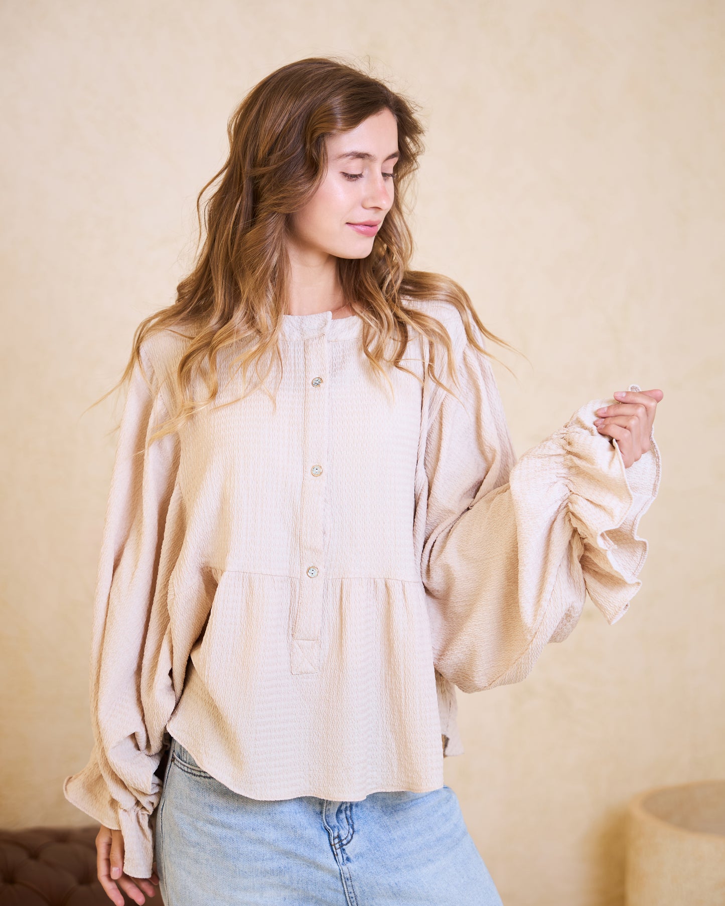Creamy Beige Batwing Statement Blouse
