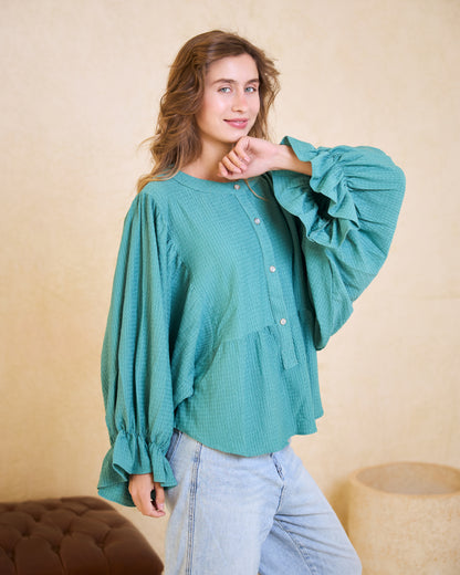 Teal Mist Batwing Statement Blouse