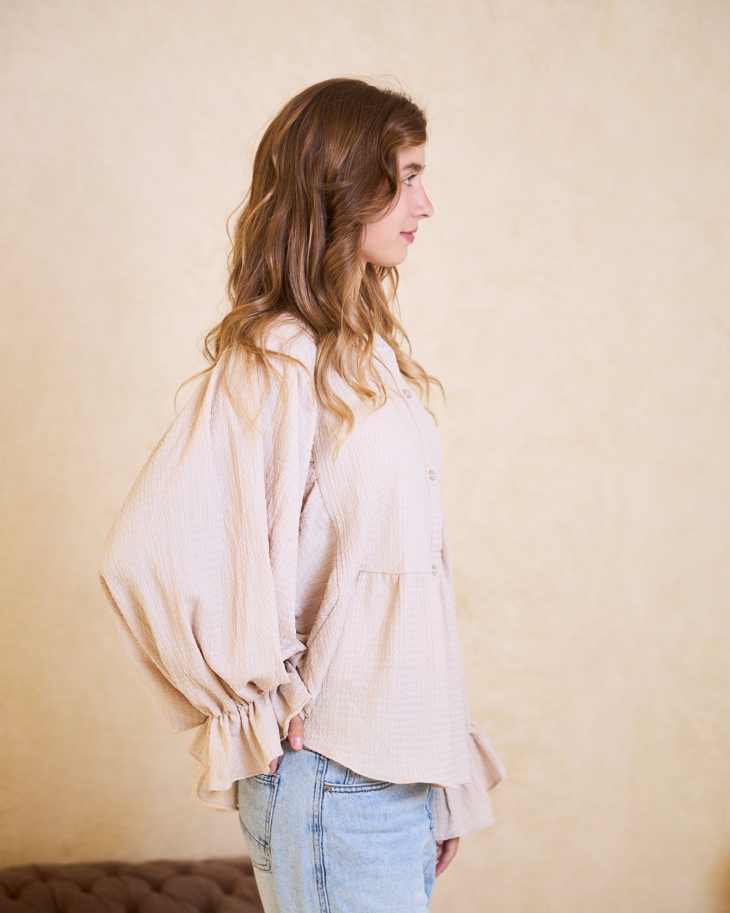 Creamy Beige Batwing Statement Blouse