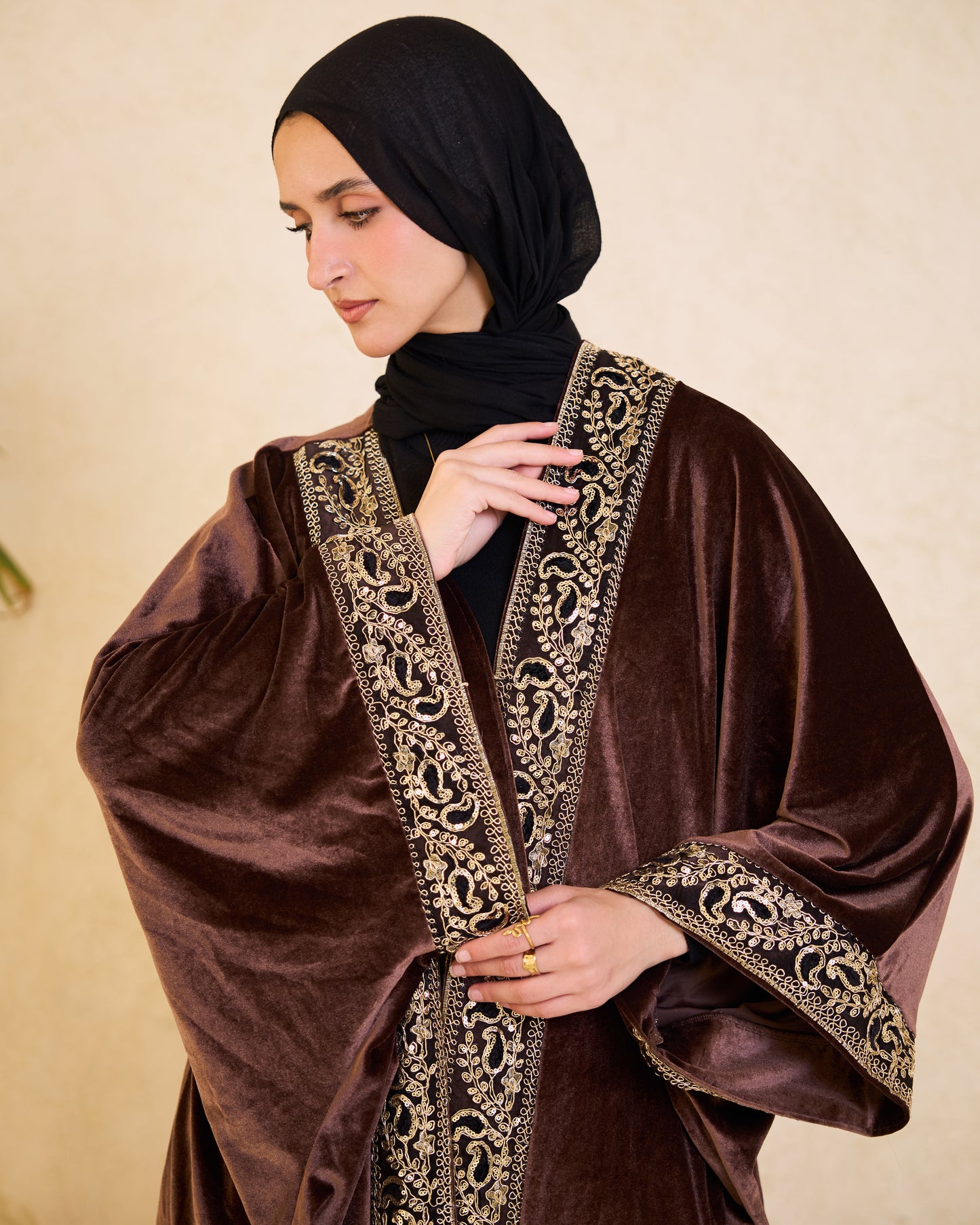 Mocha Heritage Gold-Embroidered Velvet Kaftan