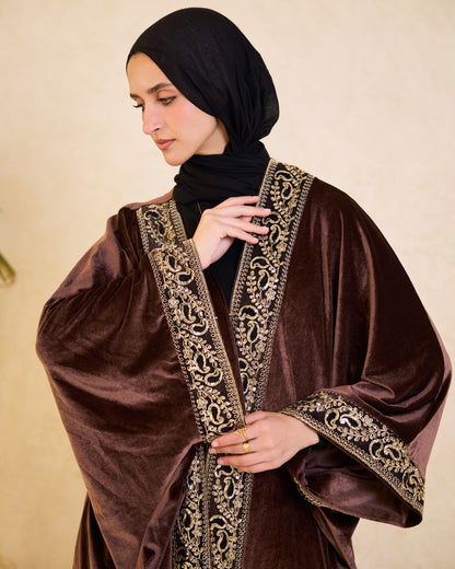 Mocha Heritage Gold-Embroidered Velvet Kaftan