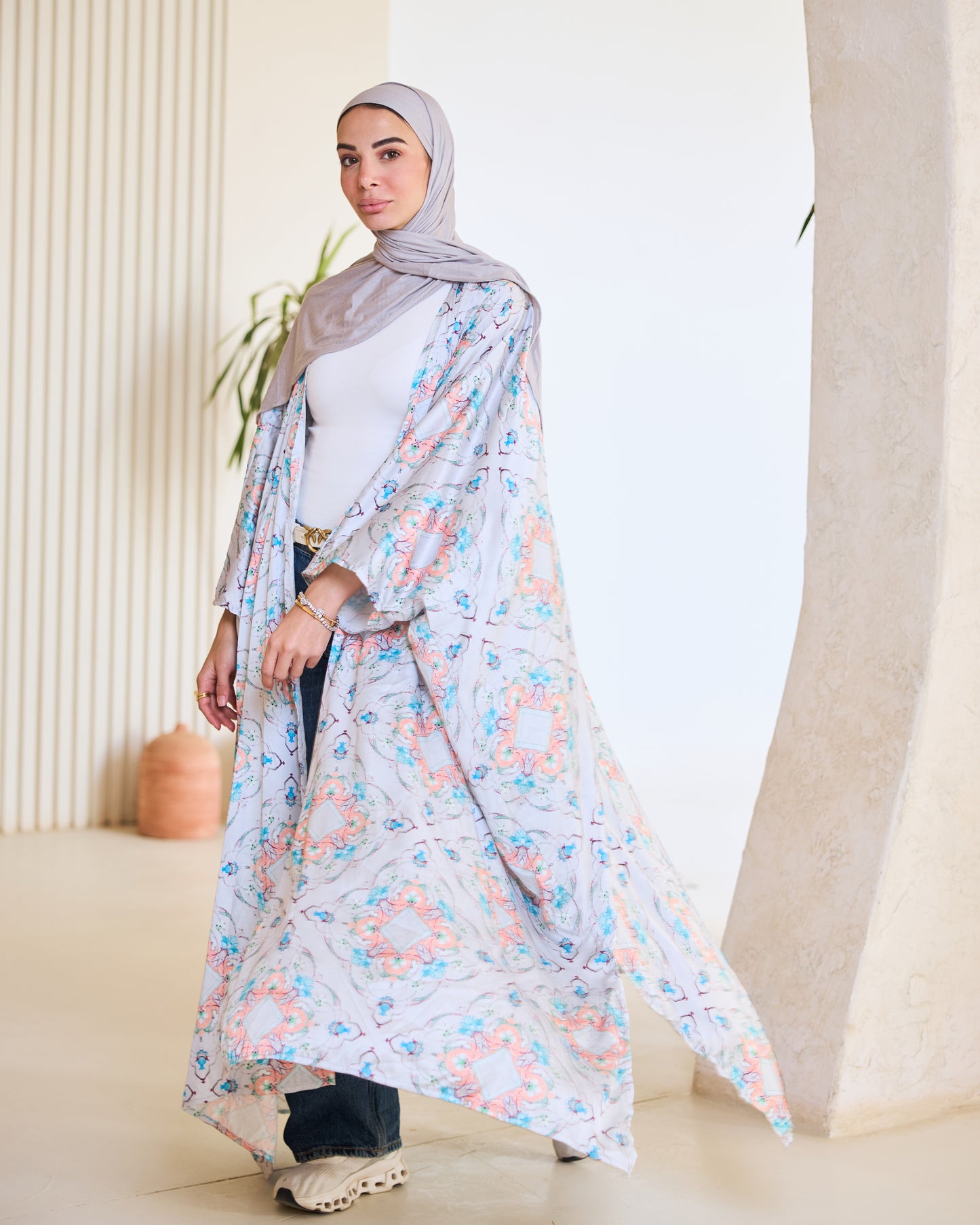 Pastel Floral Arabesque Longline Kimono