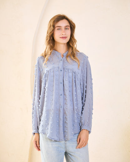 Dusty Blue Pom-Pom Chiffon Blouse