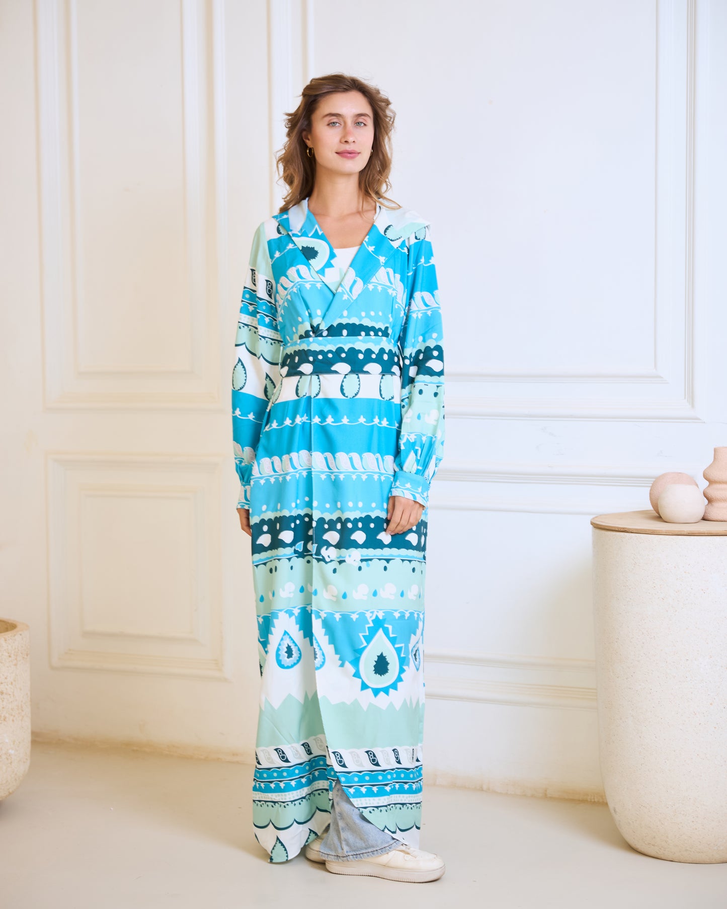 Coastal Geometric Wrap Dress – Turquoise & Mint