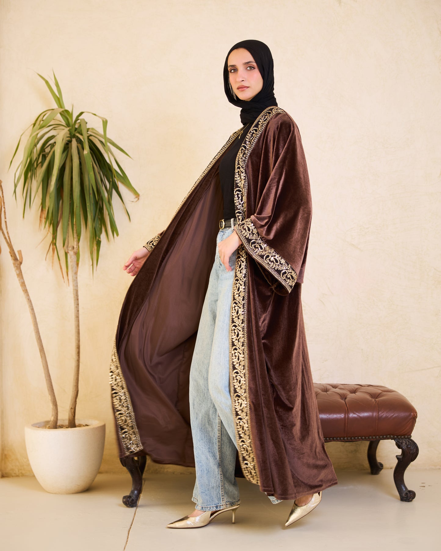 Mocha Heritage Gold-Embroidered Velvet Kaftan