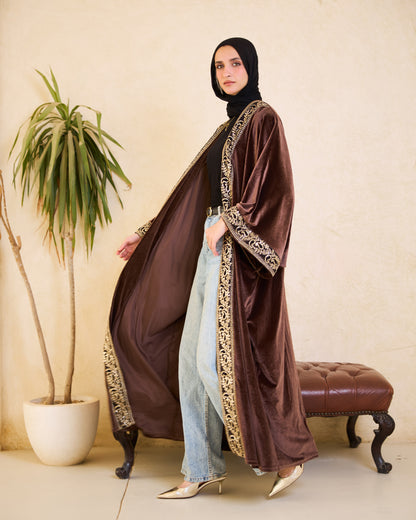 Mocha Heritage Gold-Embroidered Velvet Kaftan