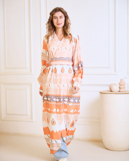 Sunset Geometric Wrap Dress – Peach & Apricot