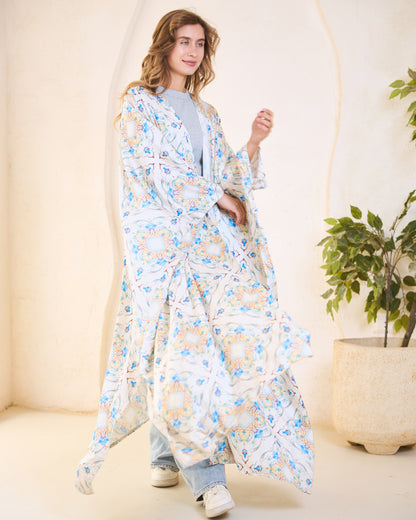 Azure Mosaic Satin Kimono – Sky Blue & Meadow Bloom