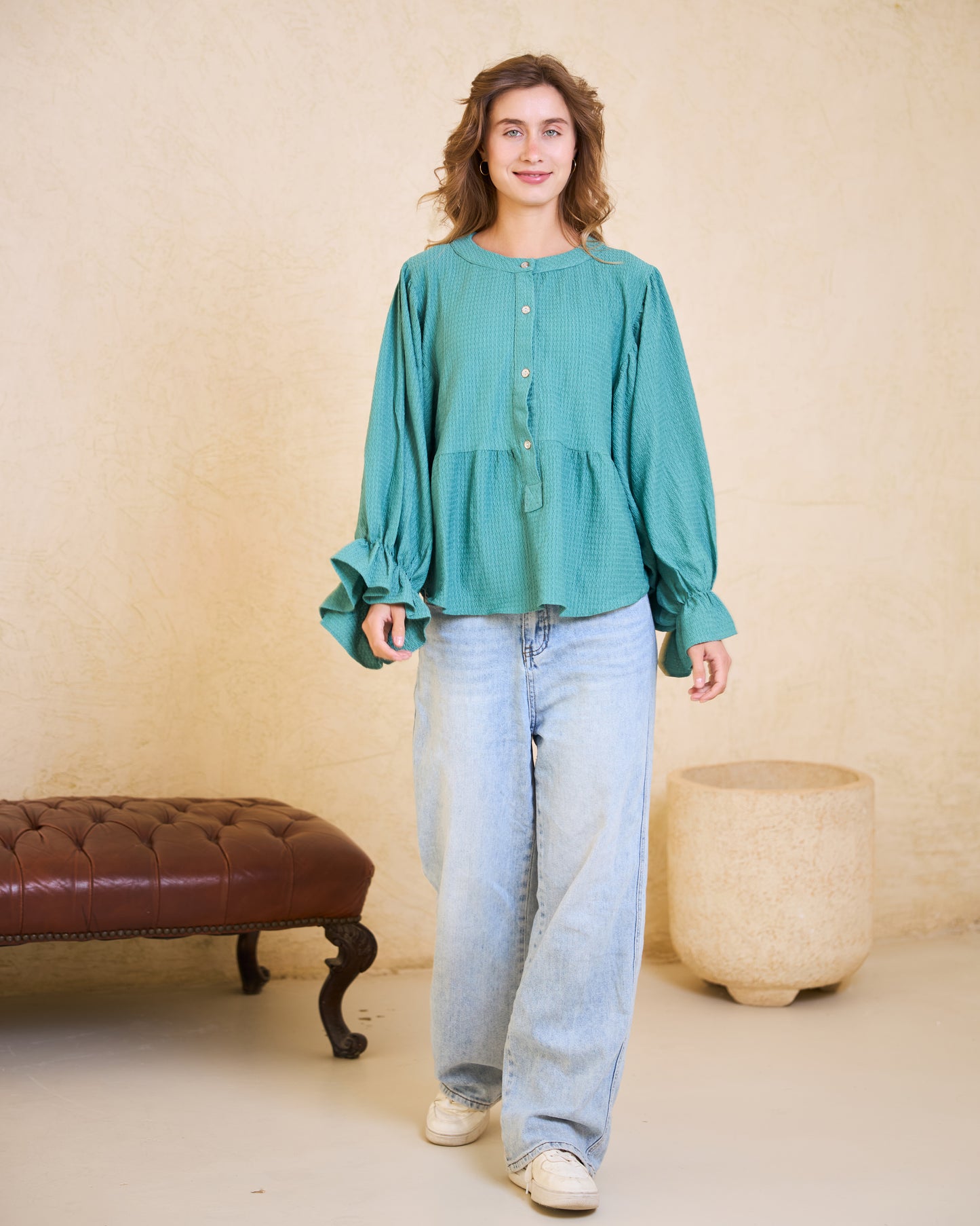 Teal Mist Batwing Statement Blouse