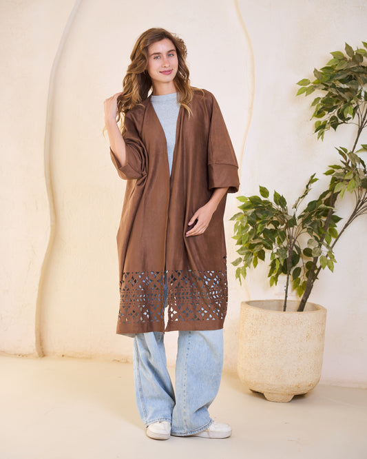 Laser-Cut Suede Kimono in Deep Brown